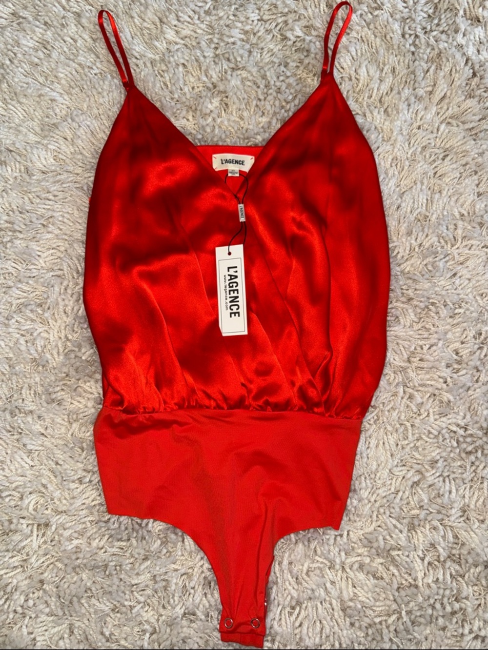 L'AGENCE Red Satin Spaghetti-Strap Bodysuit